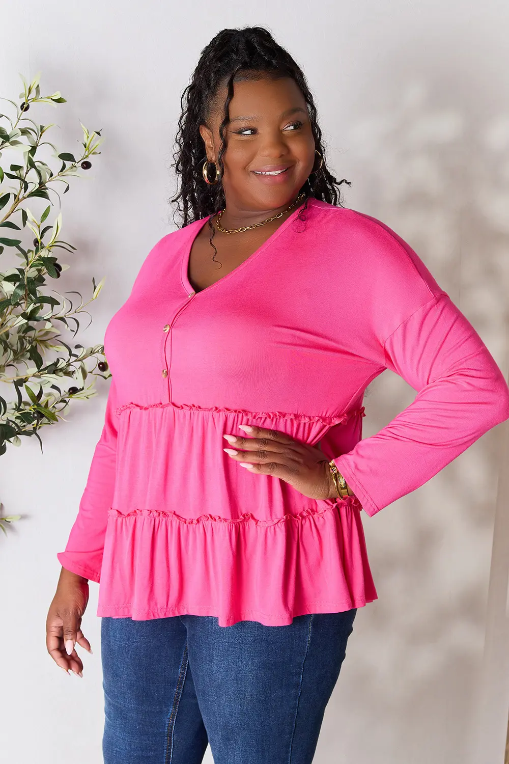 Half Button Long Sleeve Ruffle Hem Blouse, image 33