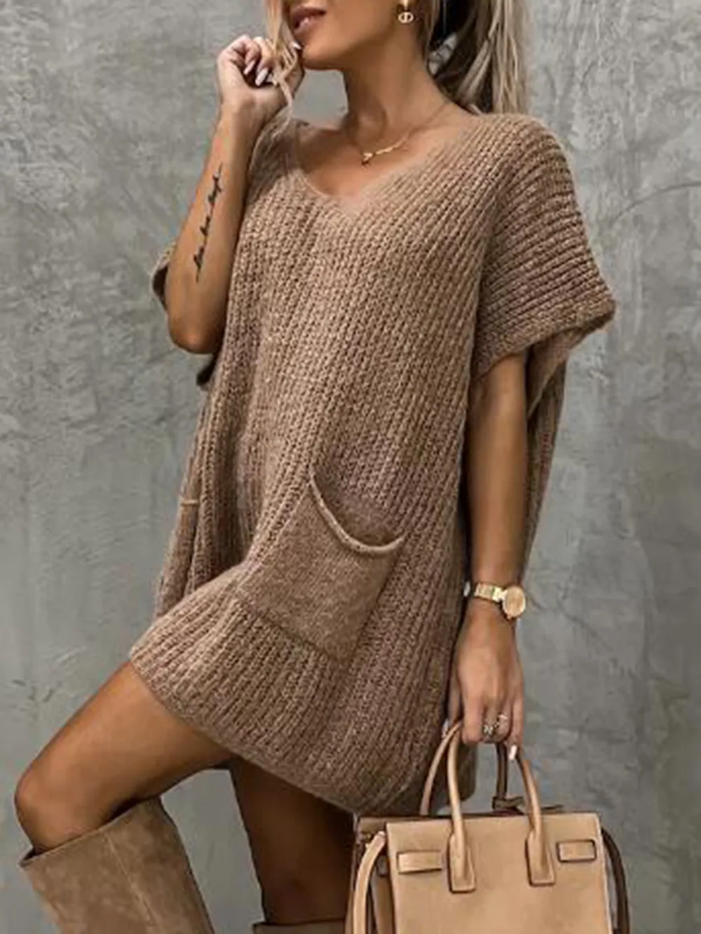 Short Sleeve Sweater Dress with Pockets, image 4