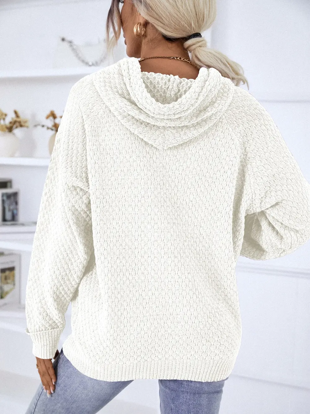 Texture Drawstring Long Sleeve Hooded Sweater, image 15
