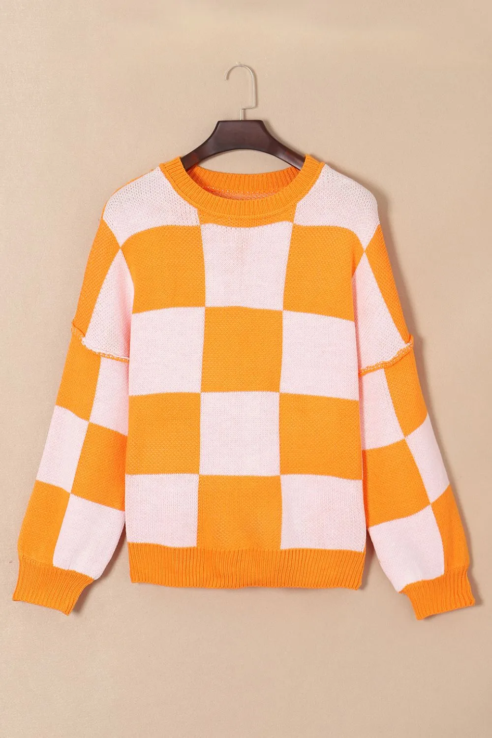 Checkered Exposed Seam Drooped Shoulder Sweater, image 8