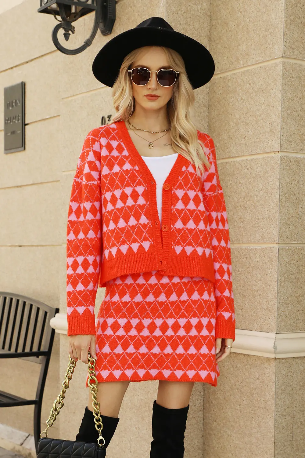 Geometric Button Front Cardigan and Skirt Set, image 2