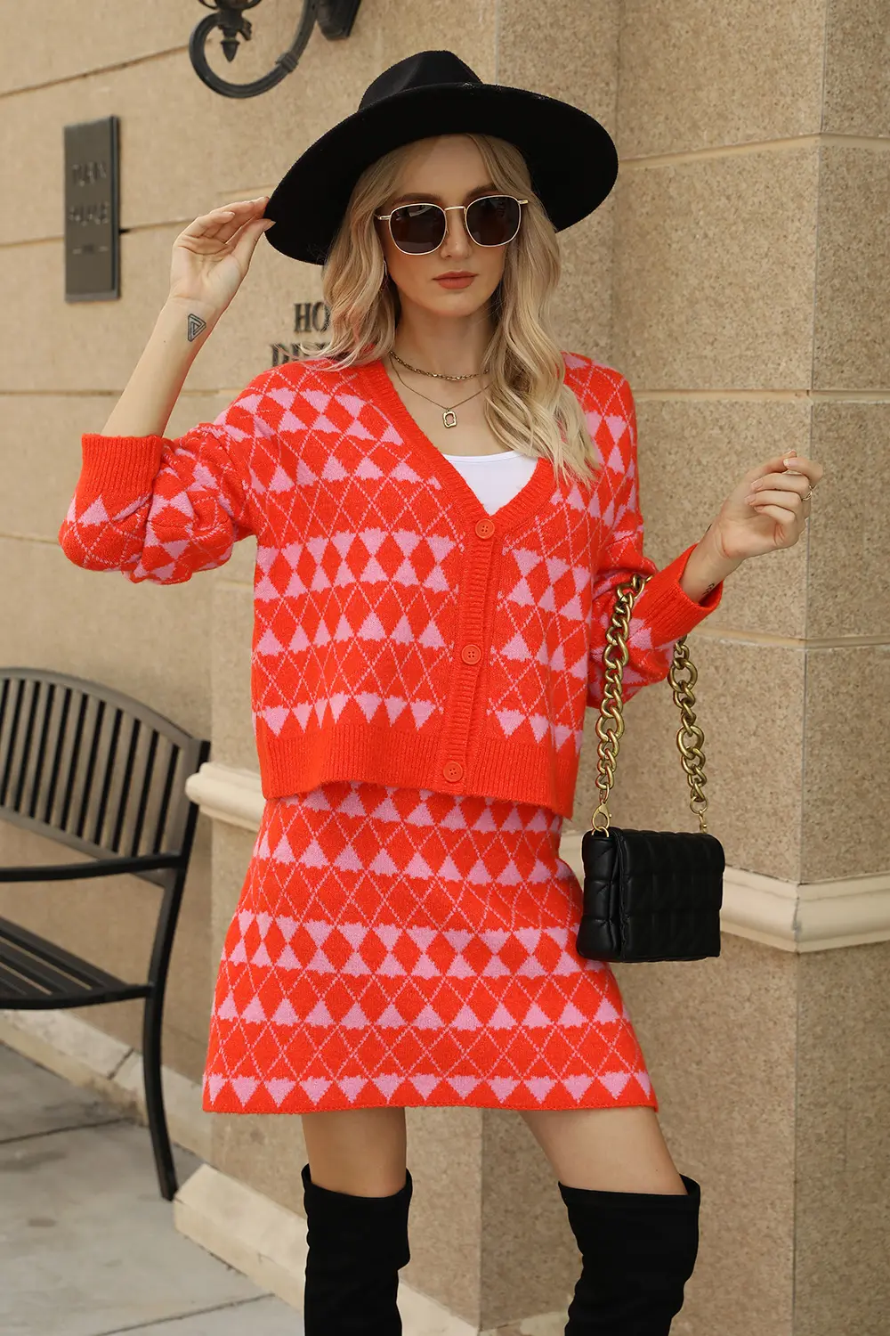 Geometric Button Front Cardigan and Skirt Set, image 5