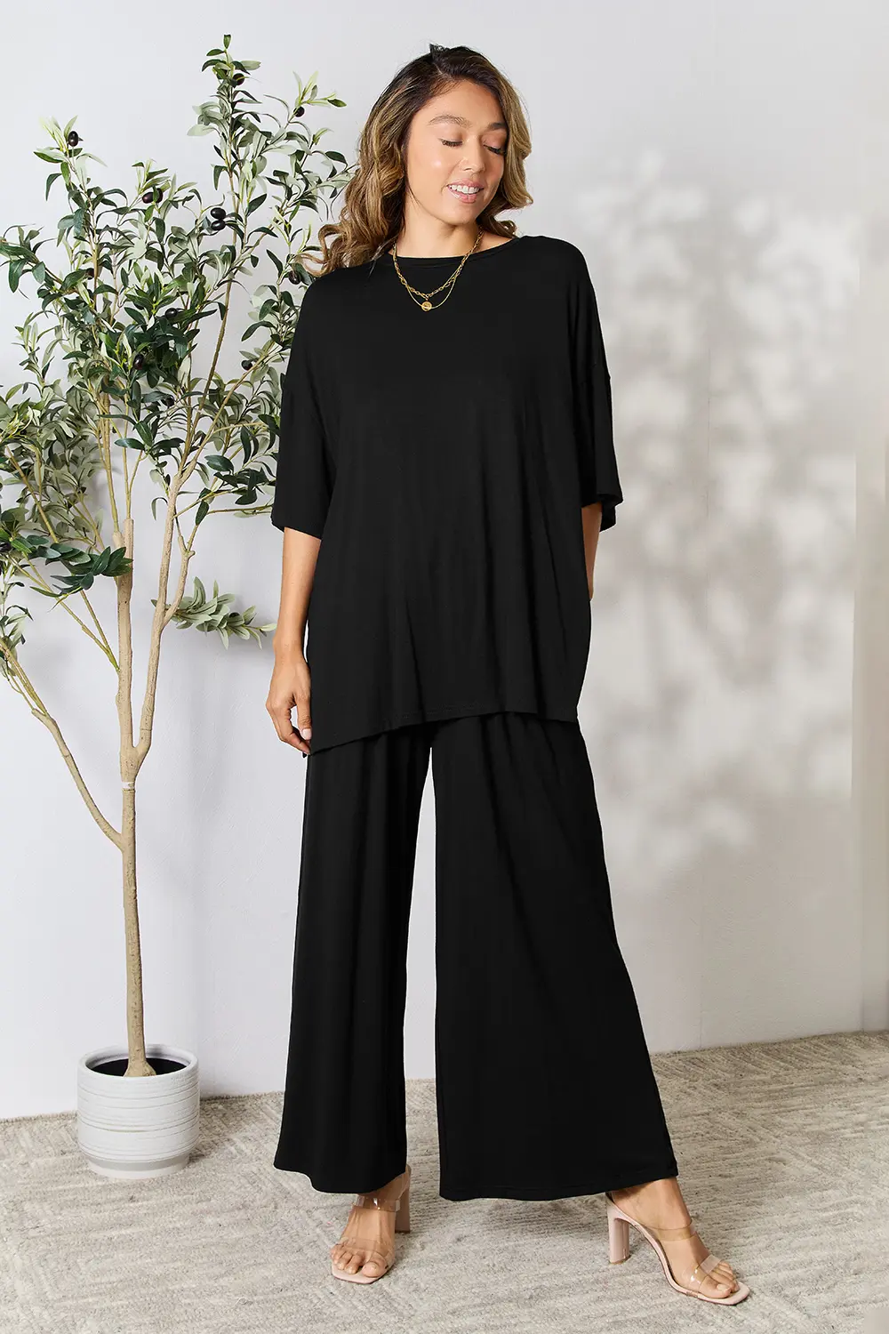Full Size Round Neck Slit Top and Pants Set, image 34