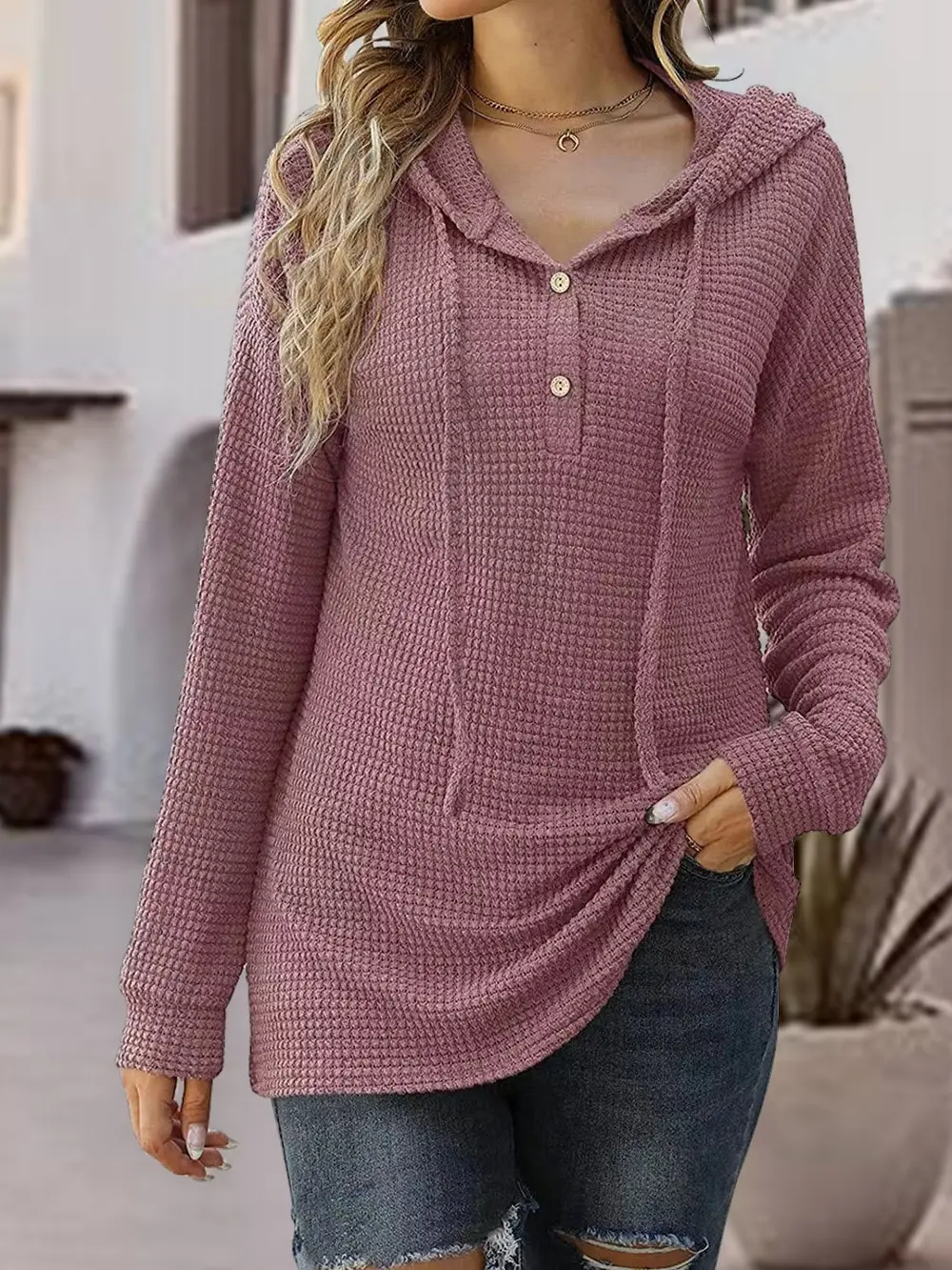 Half Button Up Drawstring Hoodie, image 5