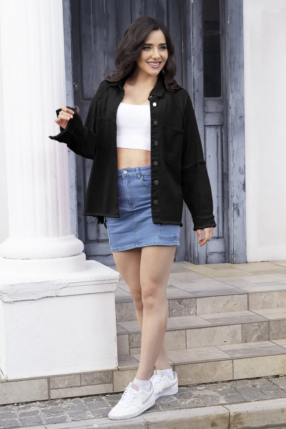 Raw Hem Pocketed Collared Neck Denim Jacket
