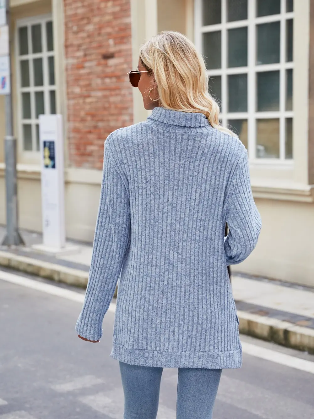 Ribbed Turtleneck Long Sleeve Slit Knit Top, image 22