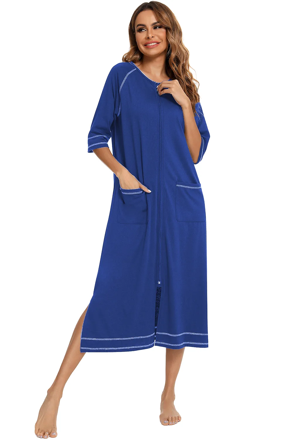 Zip Up Slit Round Neck Night Dress with Pockets, image 18