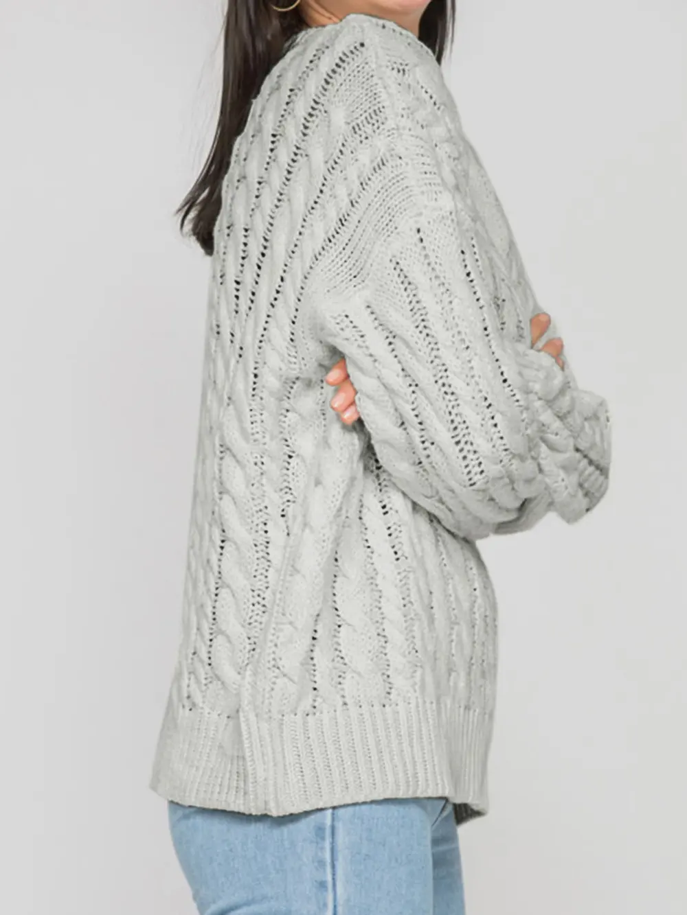 Openwork Round Sleeve Cable-Knit Sweater, image 3