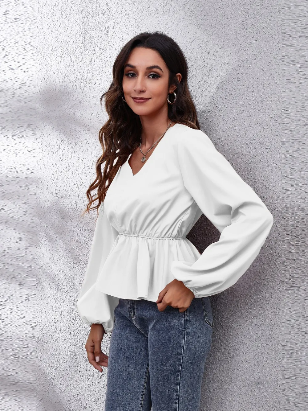 V-Neck Balloon Sleeve Peplum Blouse, image 8