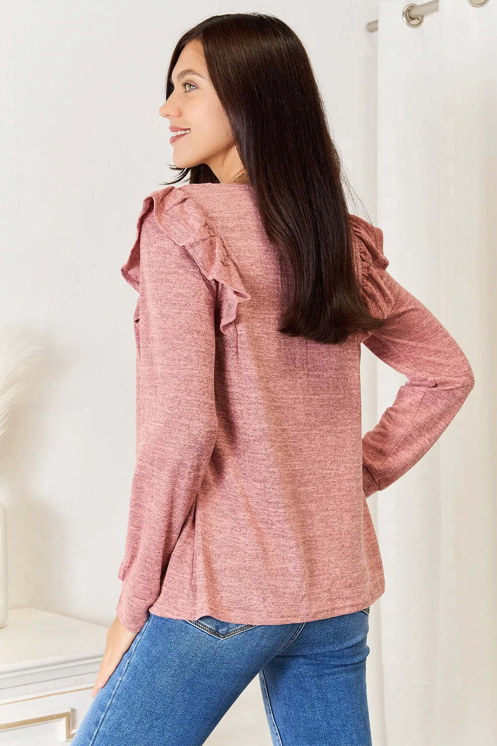 Square Neck Ruffle Shoulder Long Sleeve T-Shirt, image 8