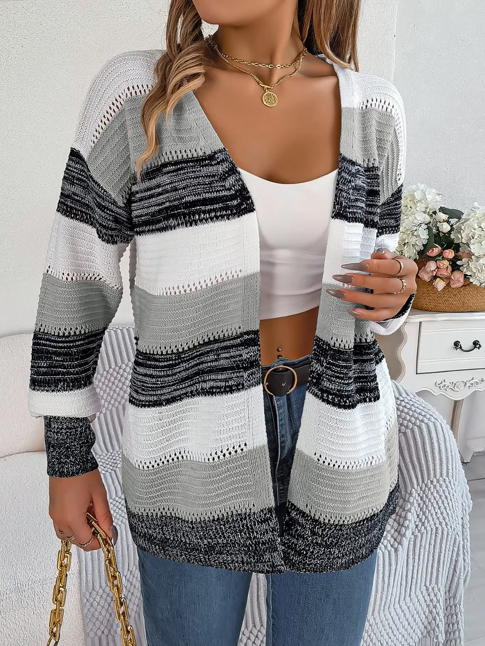 Openwork Striped Open Front Cardigan, image 10