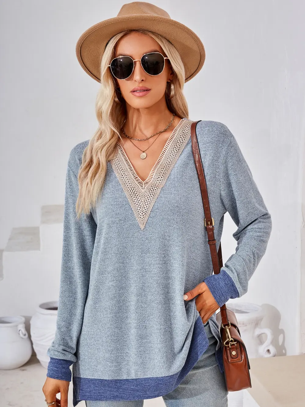 Crochet Contrast V-Neck Long Sleeve Slit T-Shirt, image 23