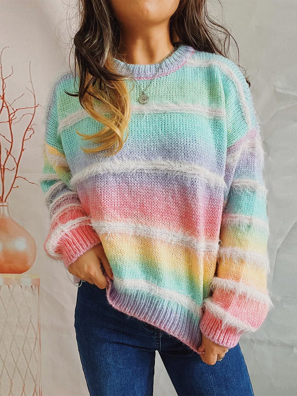 Striped Round Neck Long Sleeve Sweater, image 2