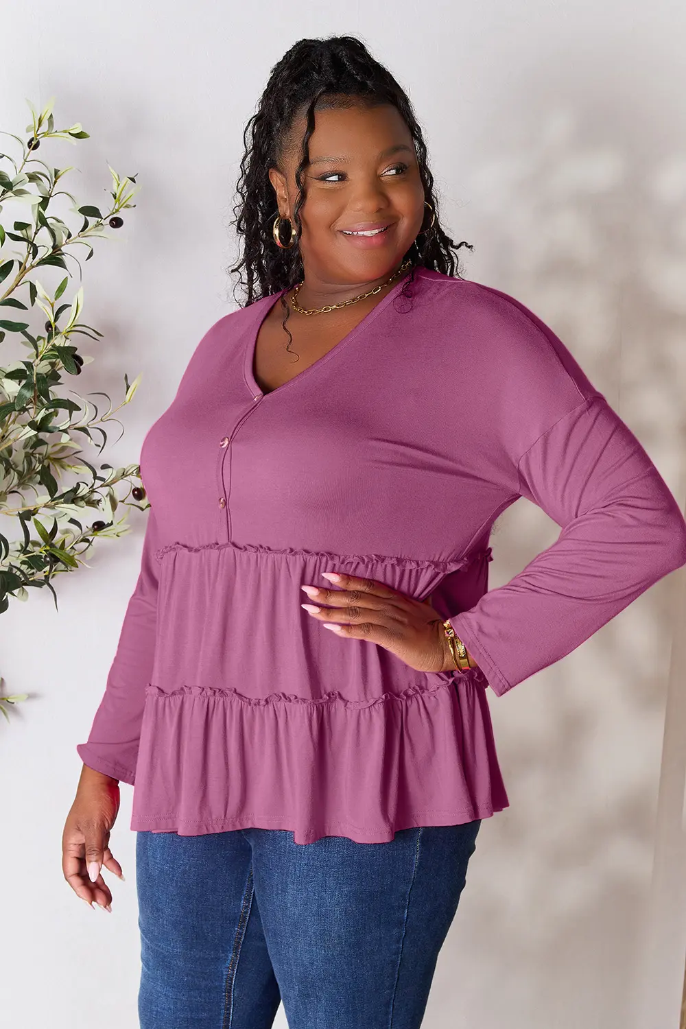 Half Button Long Sleeve Ruffle Hem Blouse, image 34