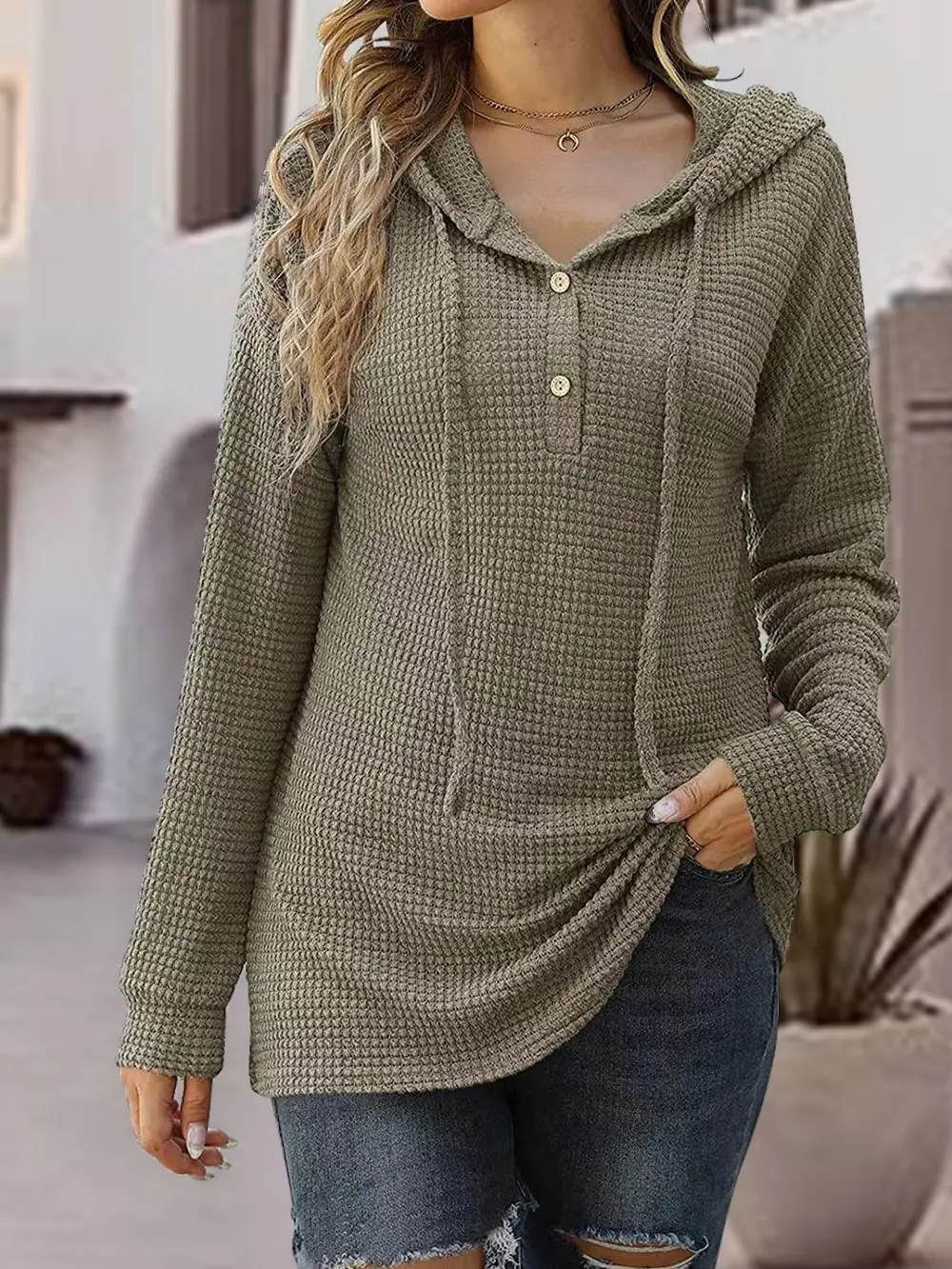 Half Button Up Drawstring Hoodie, image 8