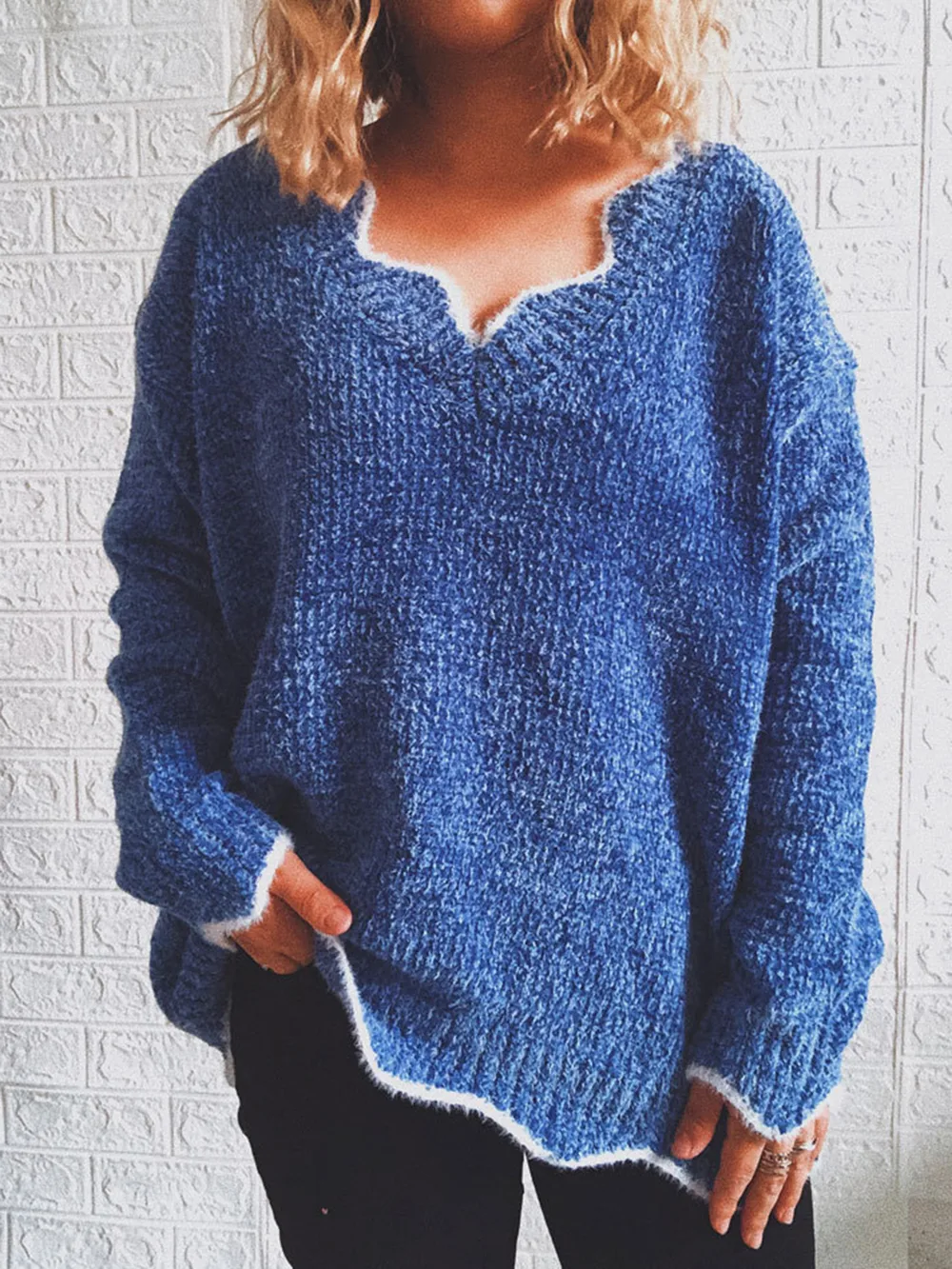 Notched Dropped Shoulder Long Sleeve Sweater, image 7