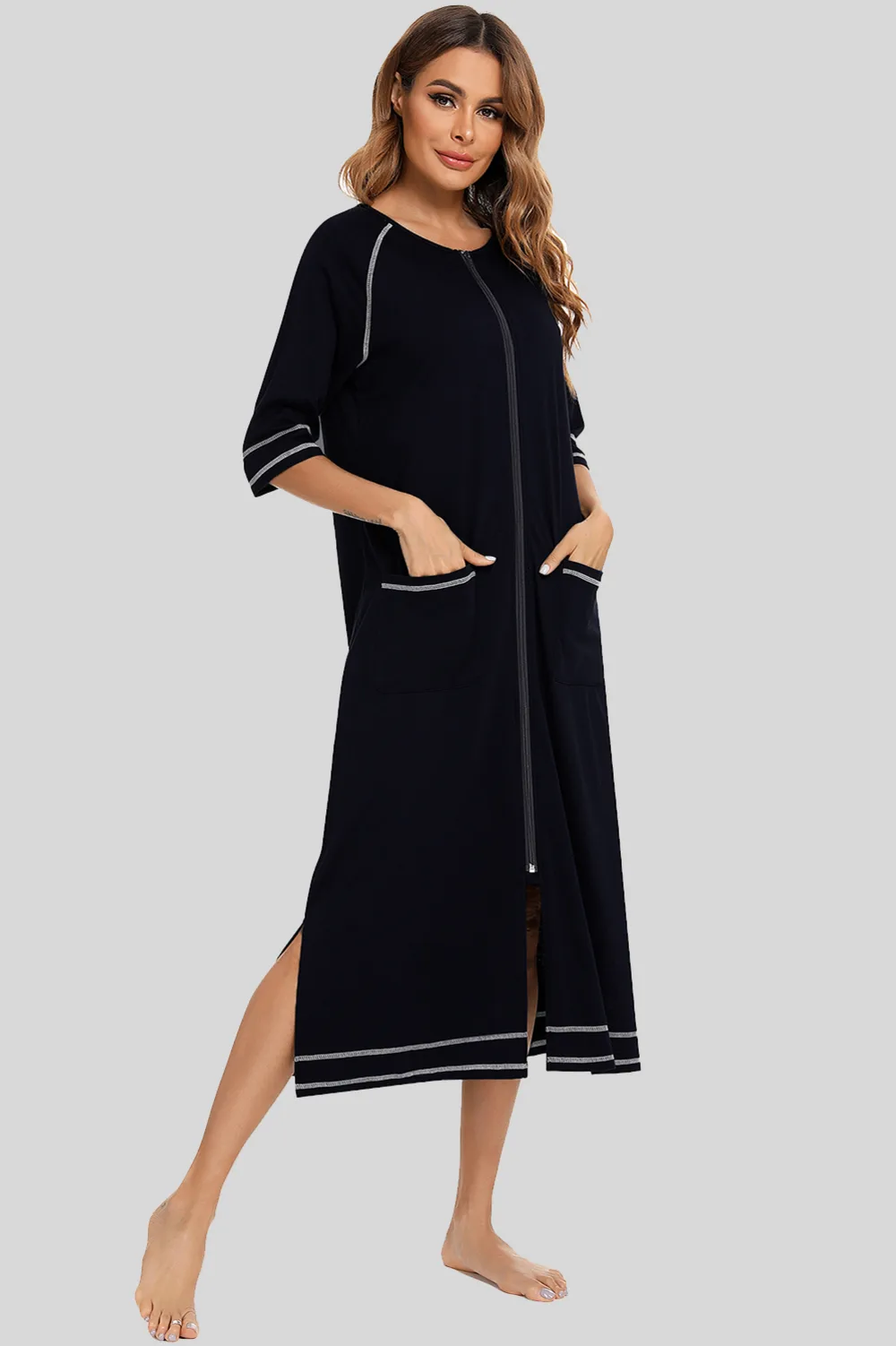 Zip Up Slit Round Neck Night Dress with Pockets, image 25