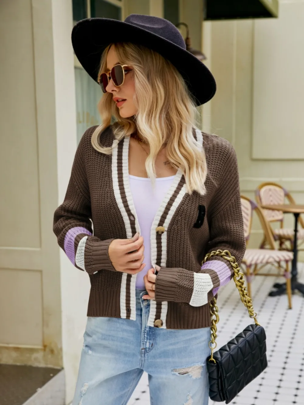Contrast Button Up Dropped Shoulder Cardigan, image 8
