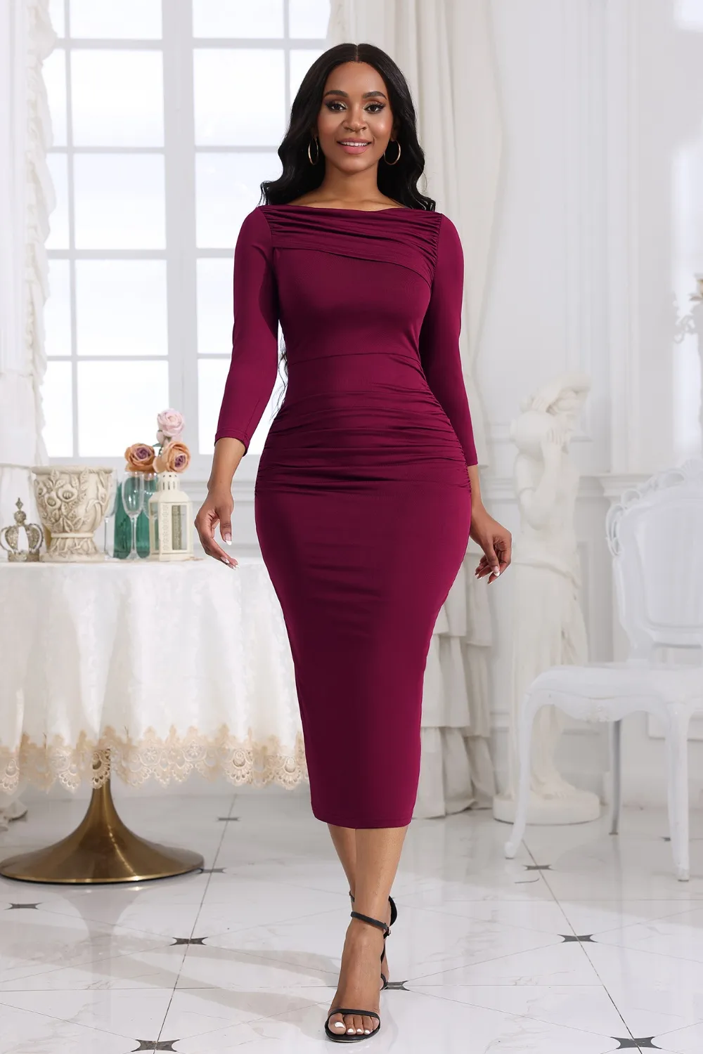 Ruched Boat Neck Midi Dress, image 7