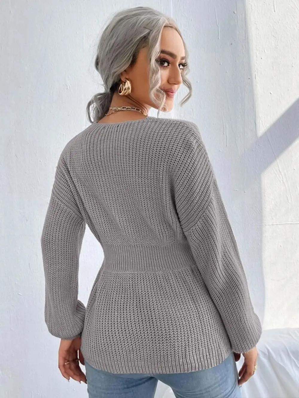 Notched Dropped Shoulder Knit Top, image 8