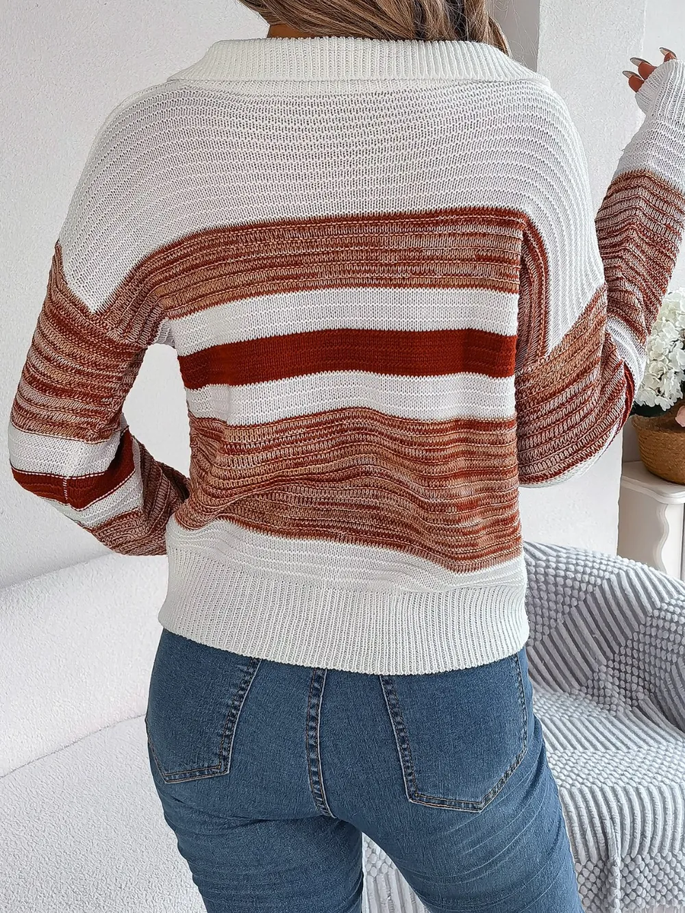 Striped Collared Neck Long Sleeve Sweater, image 3