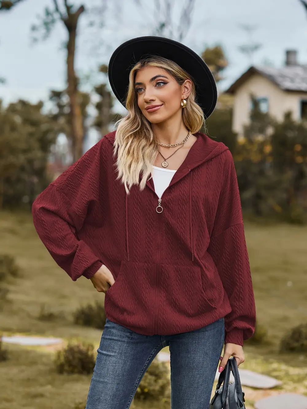 Zip Up Drawstring Long Sleeve Hooded Jacket, image 19