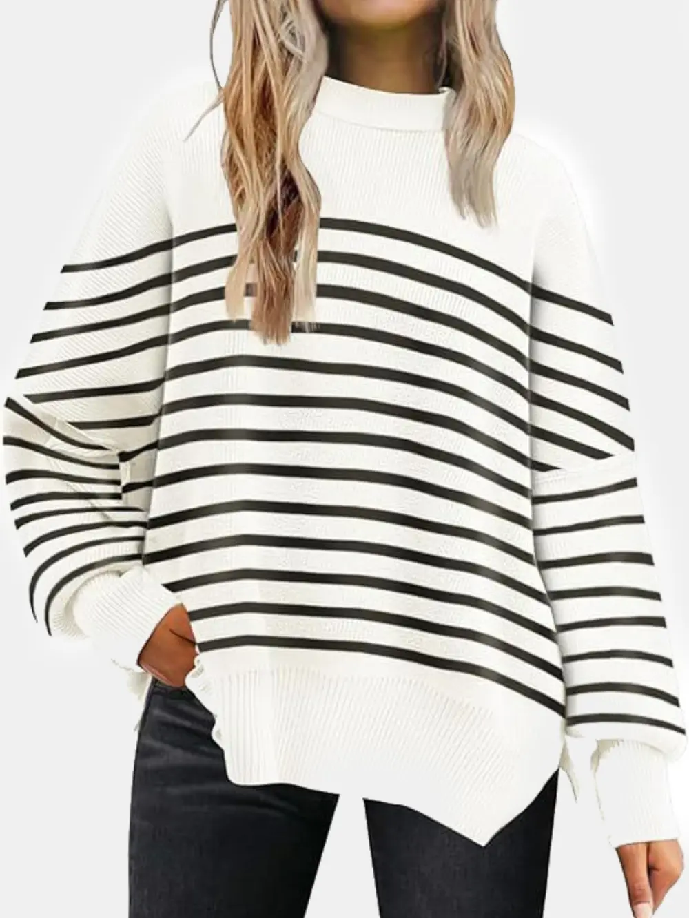 Round Neck Drop Shoulder Slit Sweater, image 15