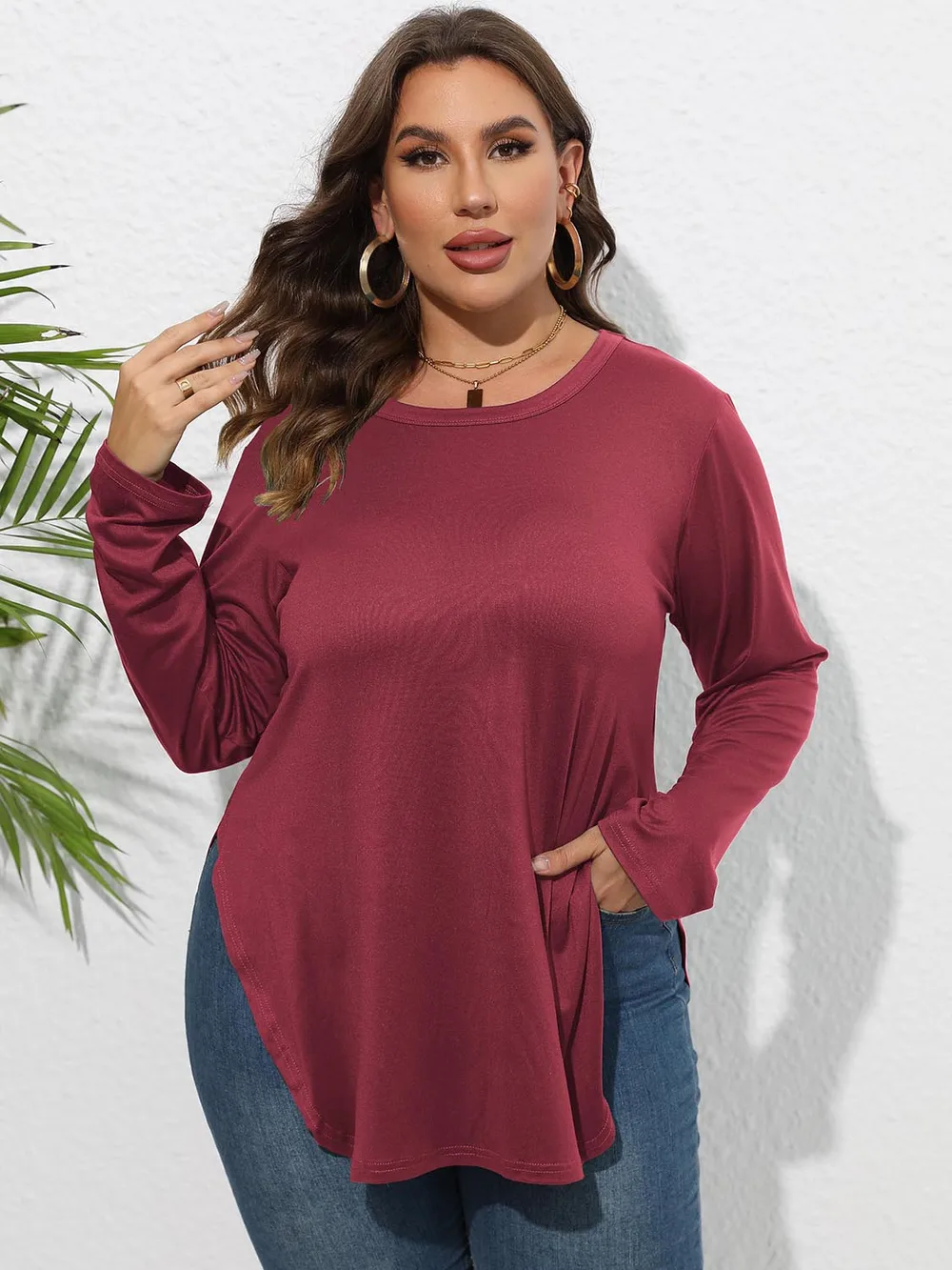 Plus Size Round Neck Long Sleeve Slit T-Shirt, image 14