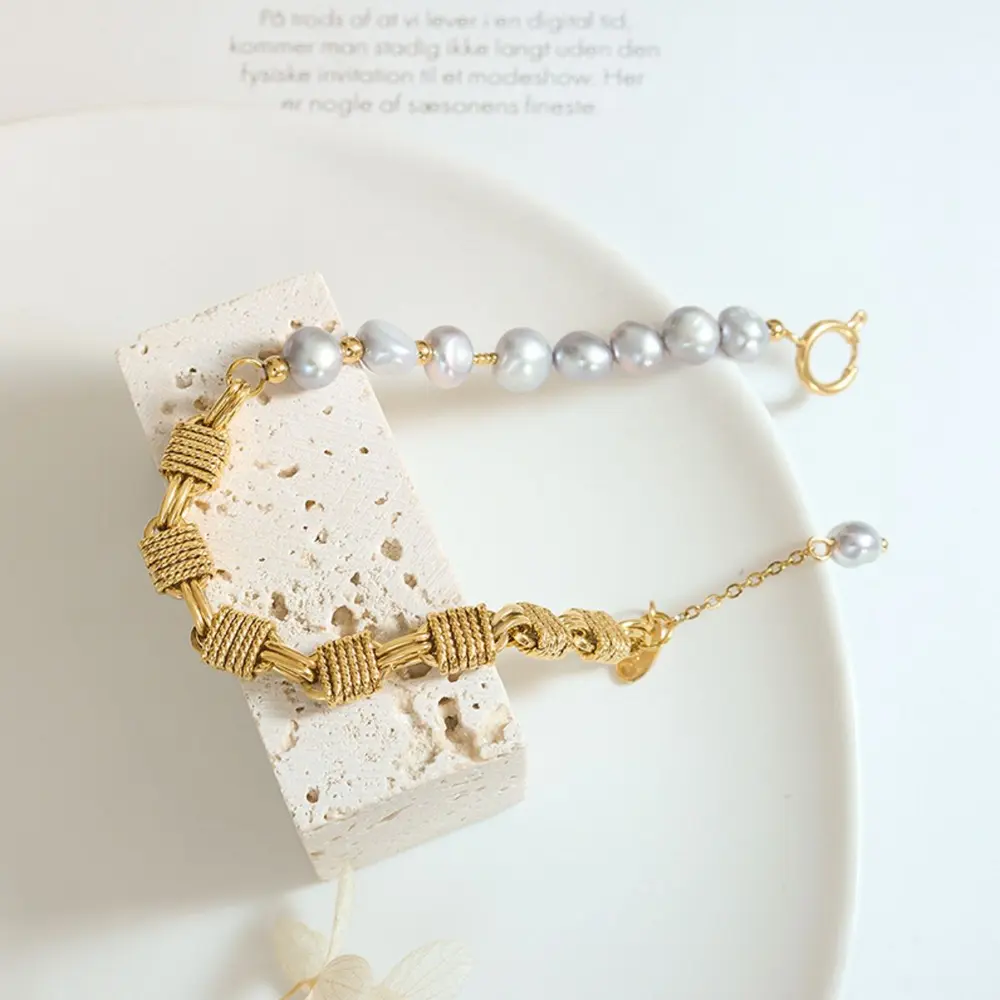 Half Pearl Half Chain Stainless Steel Bracelet, image 2