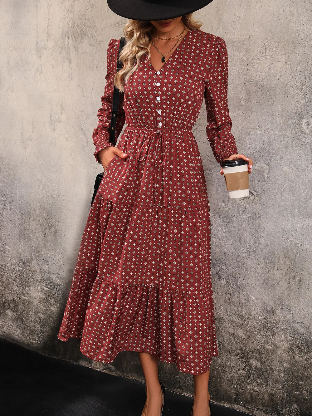Printed Tiered V-Neck Buttoned Midi Dress, image 4