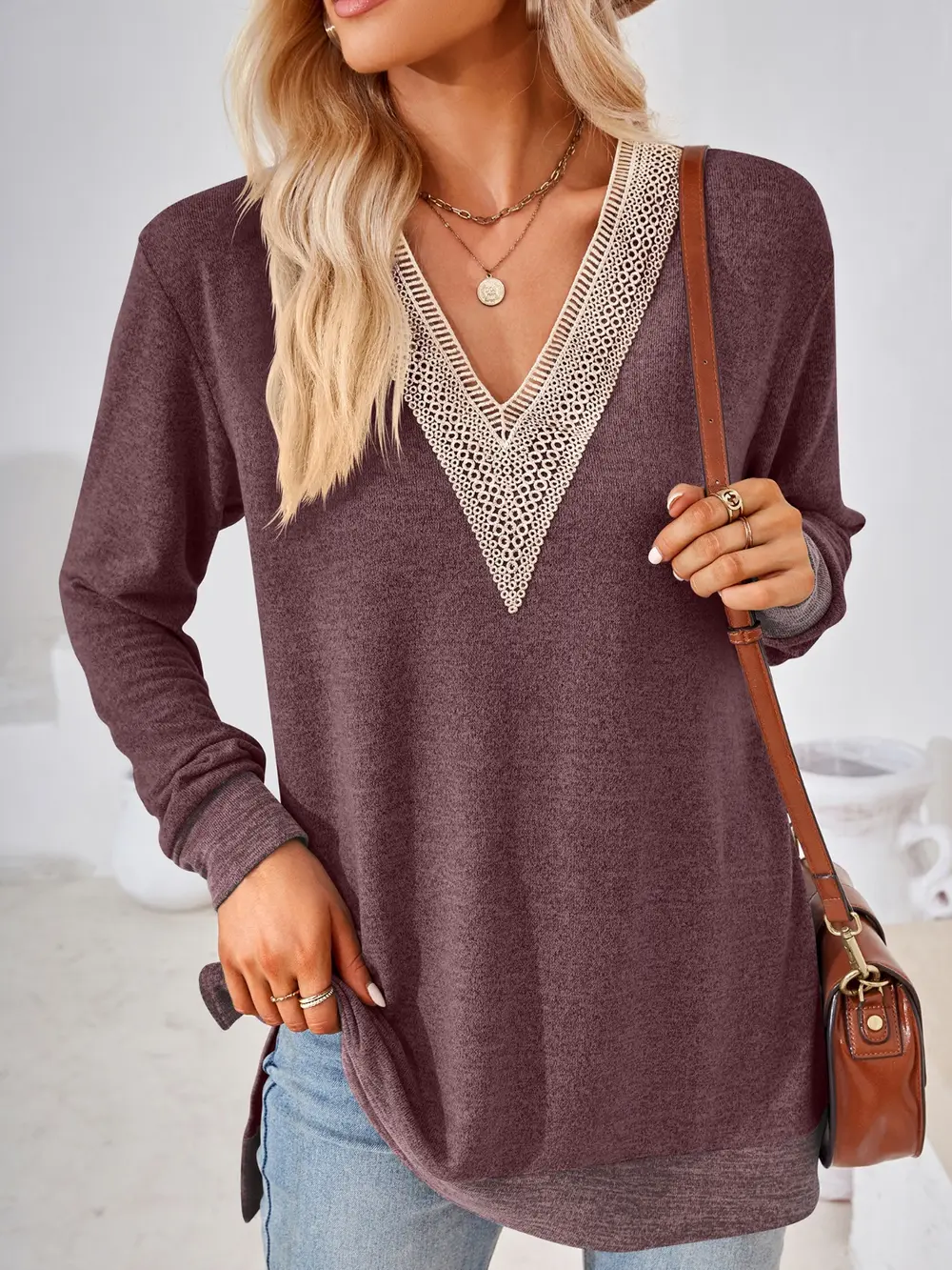 Crochet Contrast V-Neck Long Sleeve Slit T-Shirt, image 27