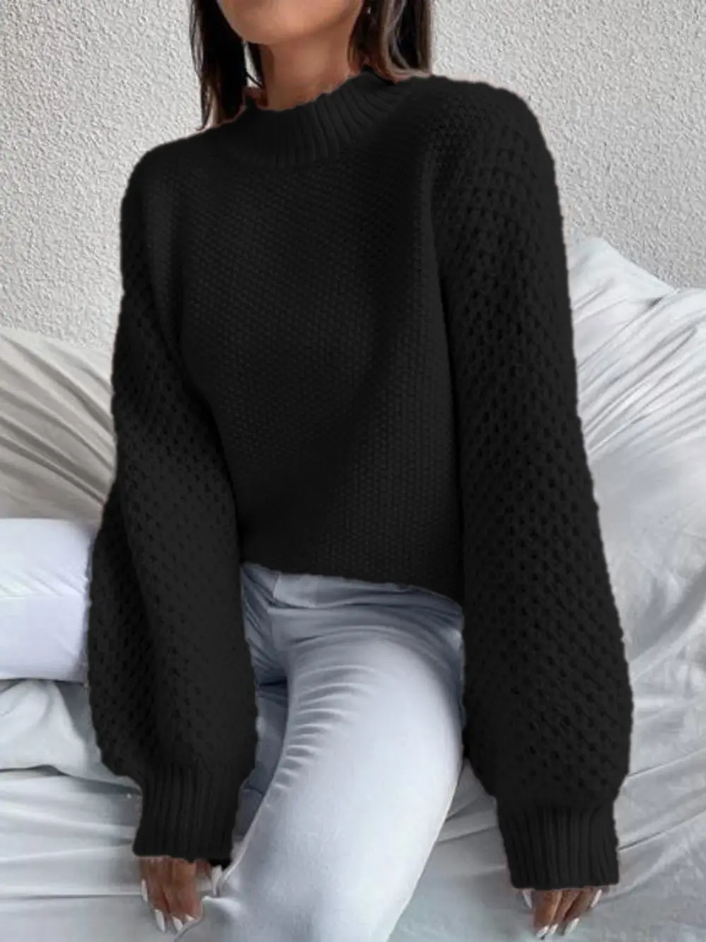 Openwork Mock Neck Long Sleeve Sweater, image 8