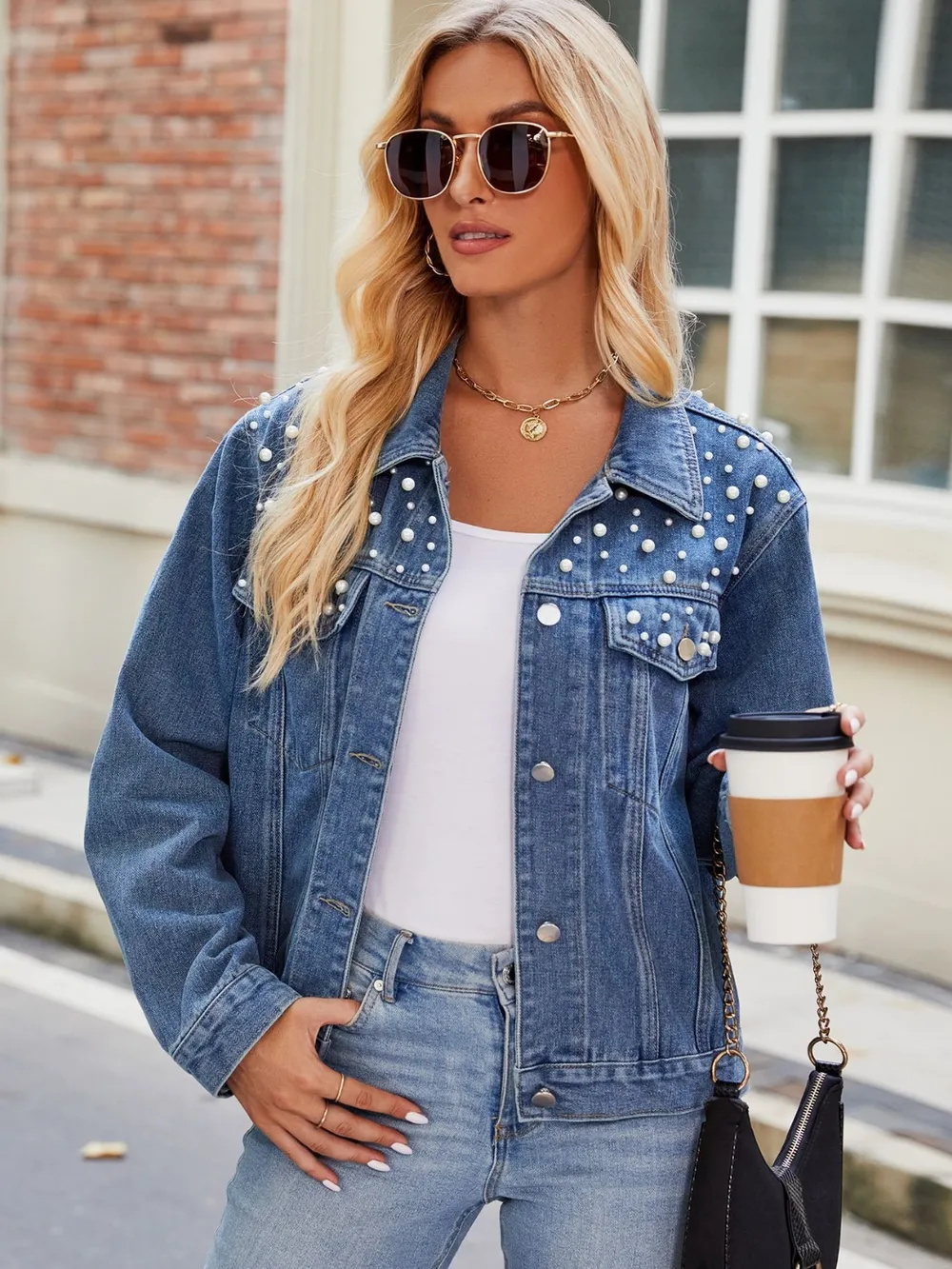 Pearl Detail Collared Neck Long Sleeve Denim Jacket, image 7