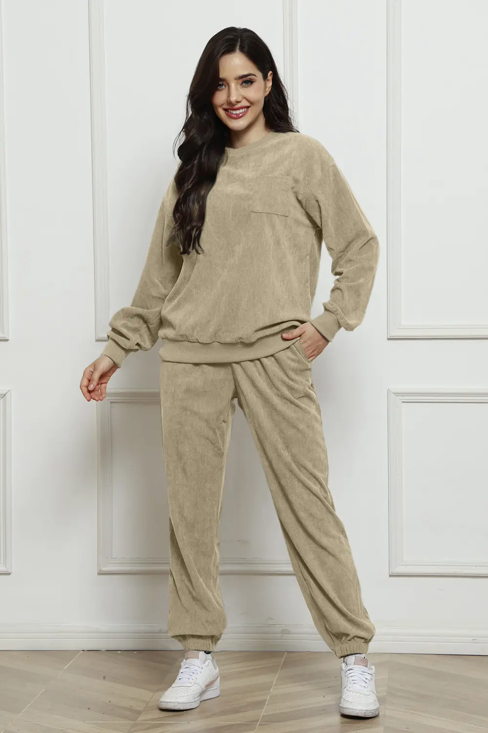 Corduroy Round Neck Sweatshirt and Sweatpants Set, image 14