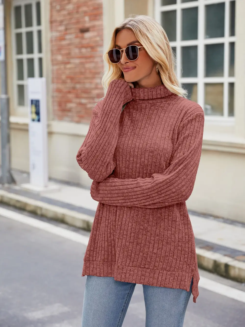 Ribbed Turtleneck Long Sleeve Slit Knit Top, image 12