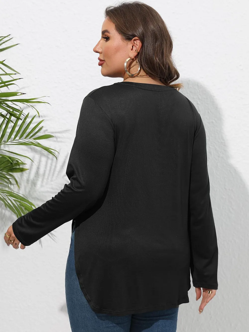 Plus Size Round Neck Long Sleeve Slit T-Shirt, image 8