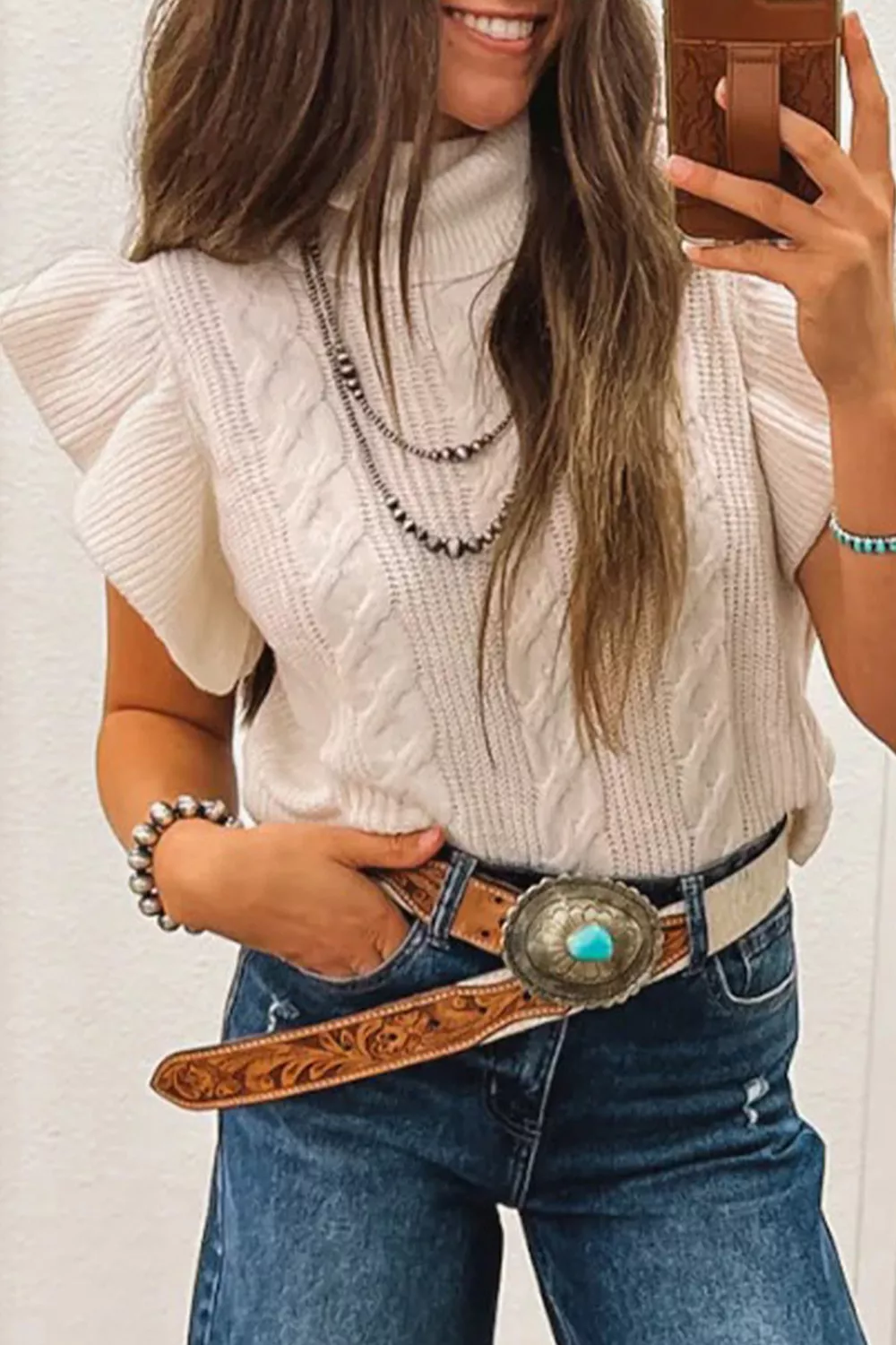 Cable Knit Turtleneck Ruffled Short Sleeve Sweater, image 15
