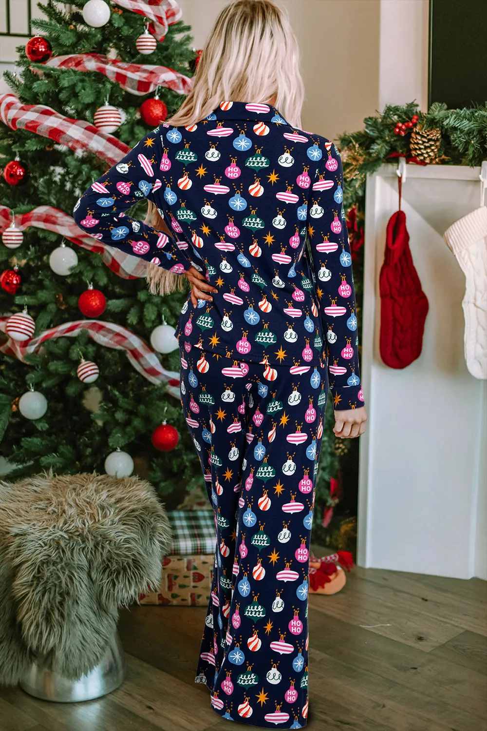 Christmas Lights Print Collared Neck Top and Pants Set, image 3