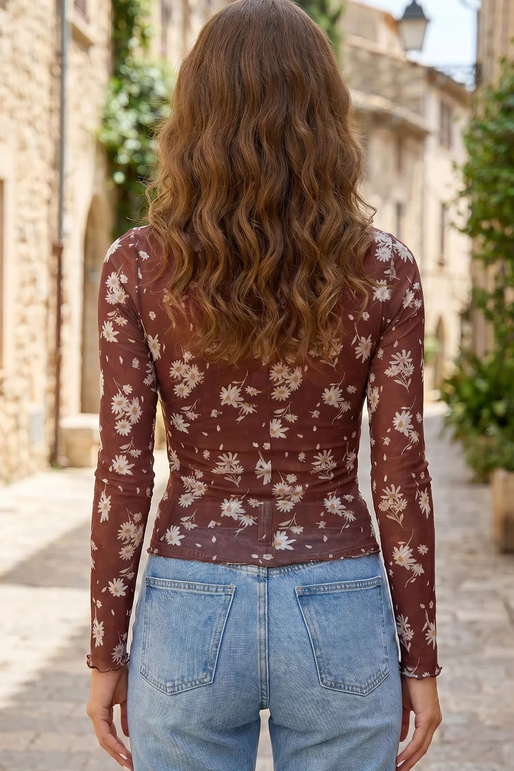 Floral Print Sheer Mesh Long Sleeve Top, image 5