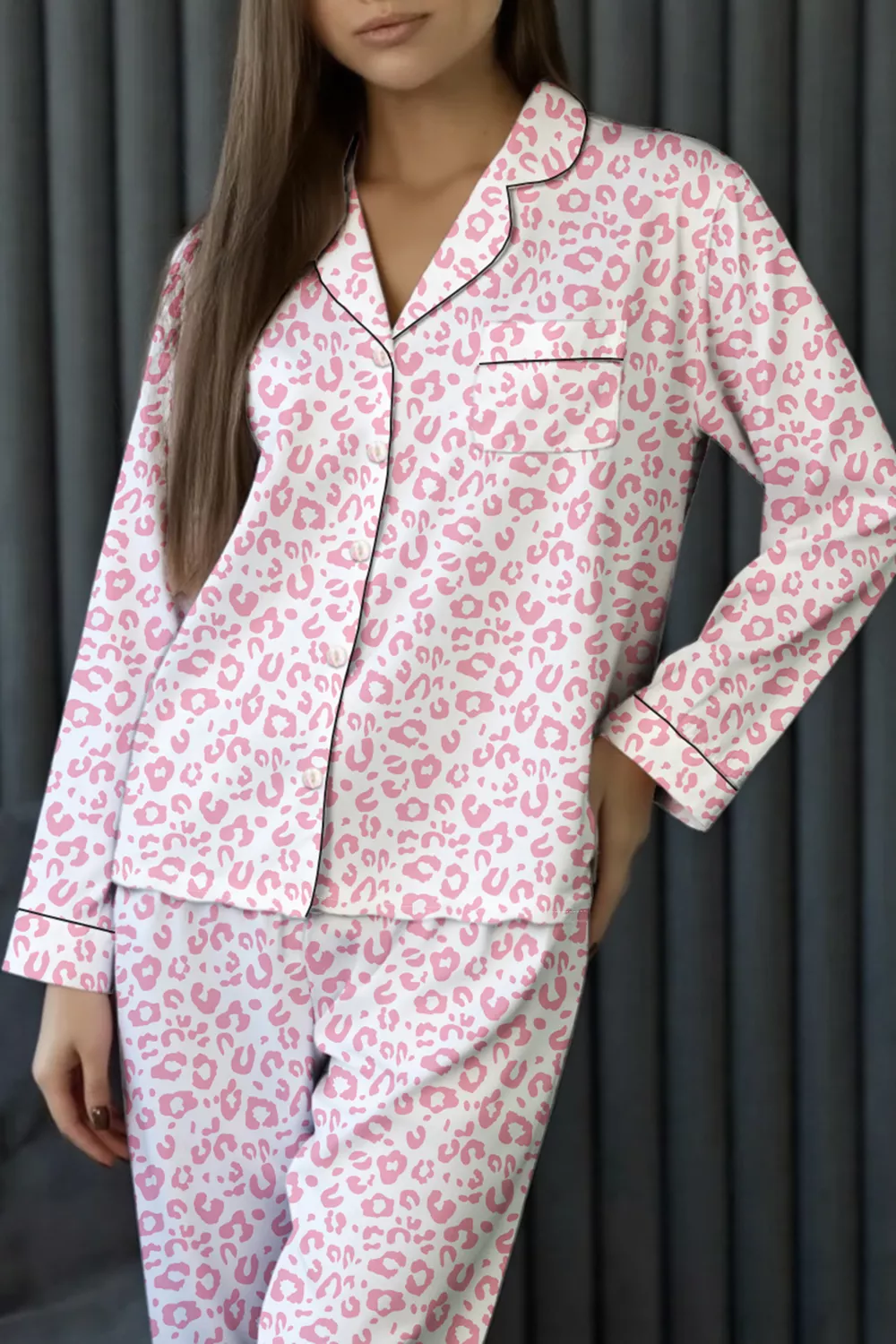 Leopard Print Button Up Top and Pants 2cps Pajama Set, image 3