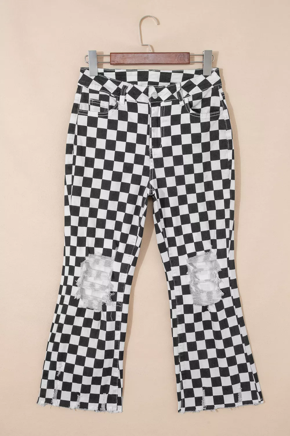 Checkerboard Print Distressed Holes Raw Edge Cropped Jeans, image 4