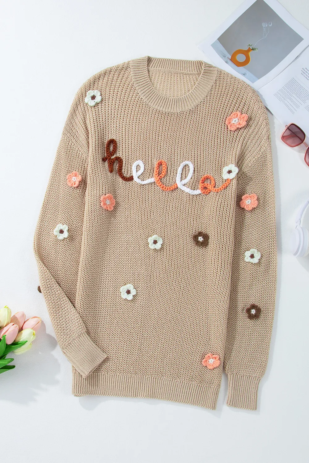 HELLO Flower Round Neck Long Sleeve Sweater, image 2