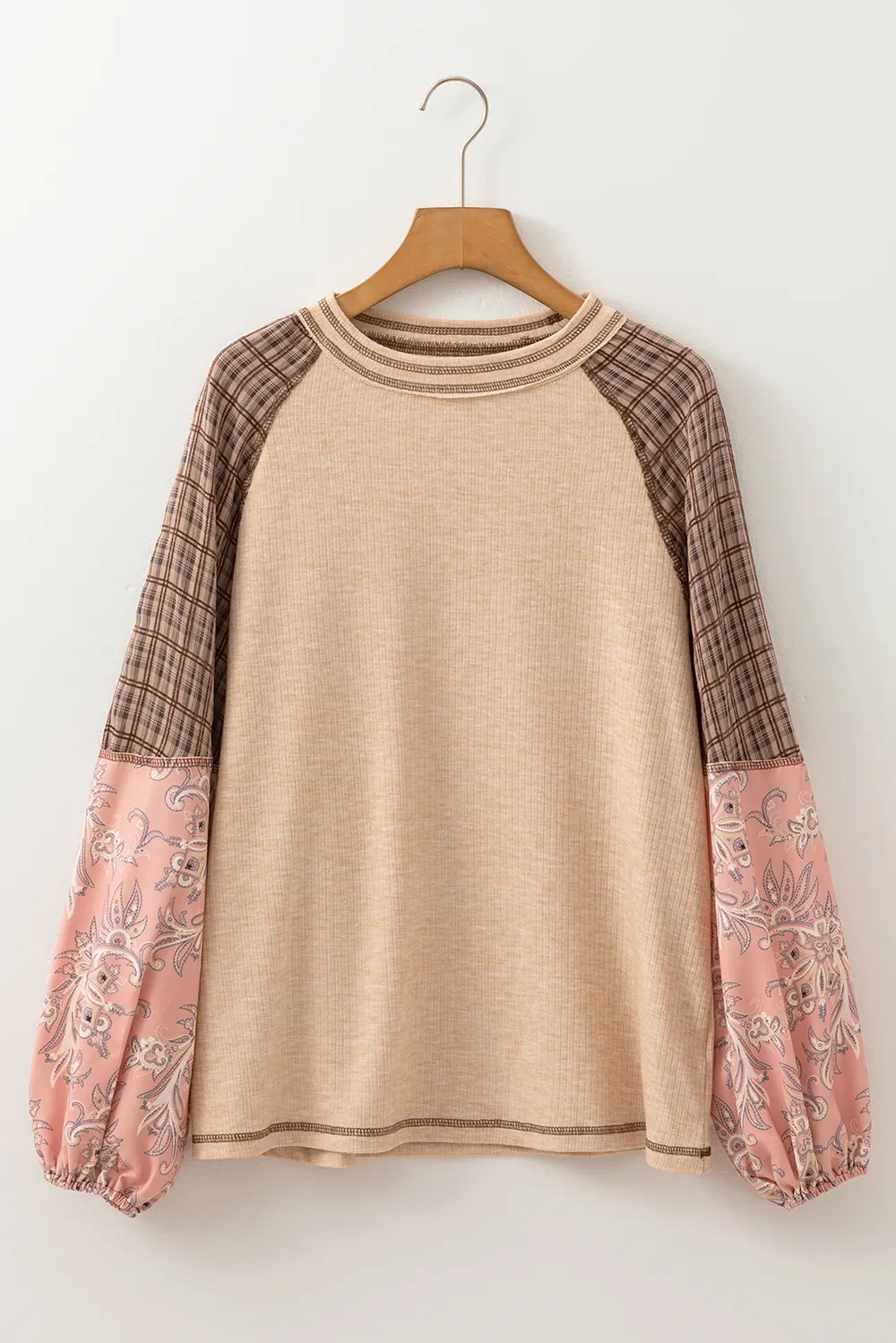 Plaid Floral Patchwork Round Neck Long Sleeve Top, image 3