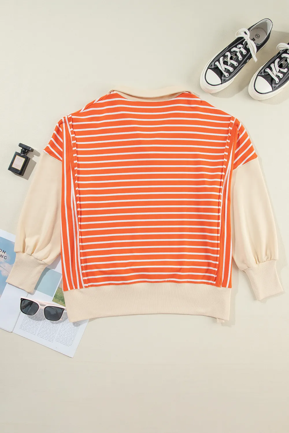 Striped Johnny Collar Long Sleeve Sweatshirt, image 3