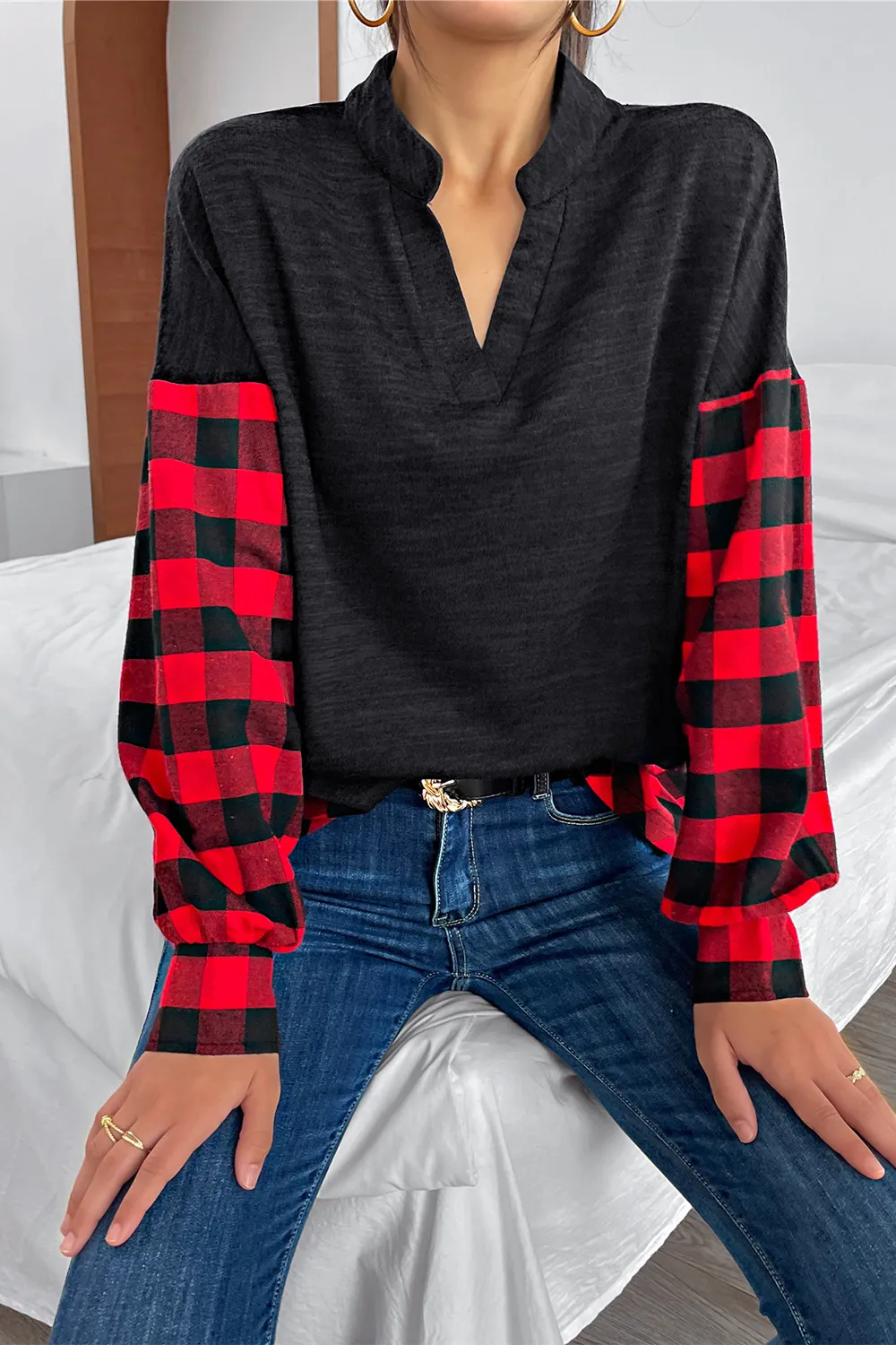 Buffalo Plaid Color Block Balloon Sleeve Top, image 6