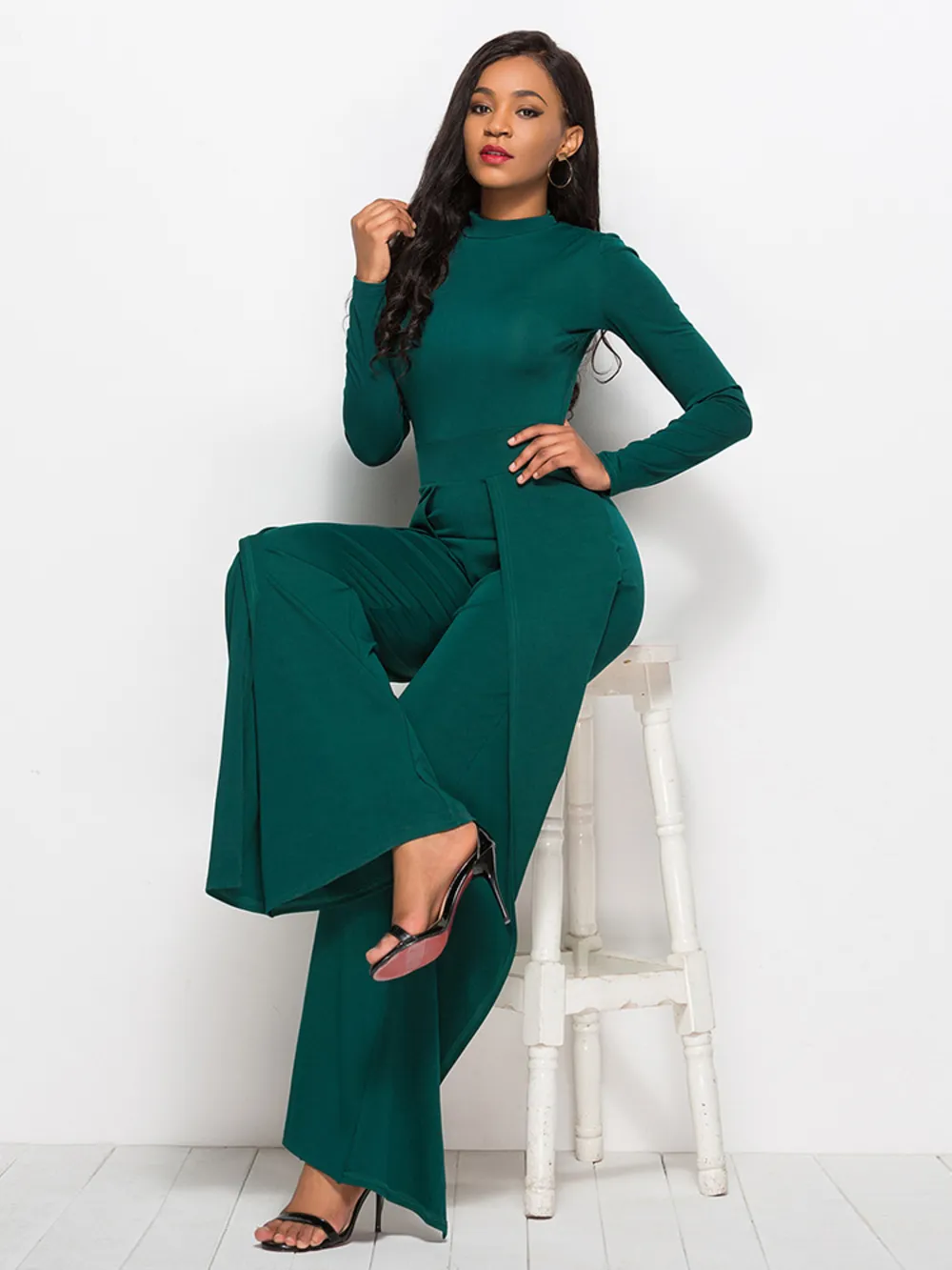 Long Sleeve Mock Neck Wide Leg Jumpsuit, image 2