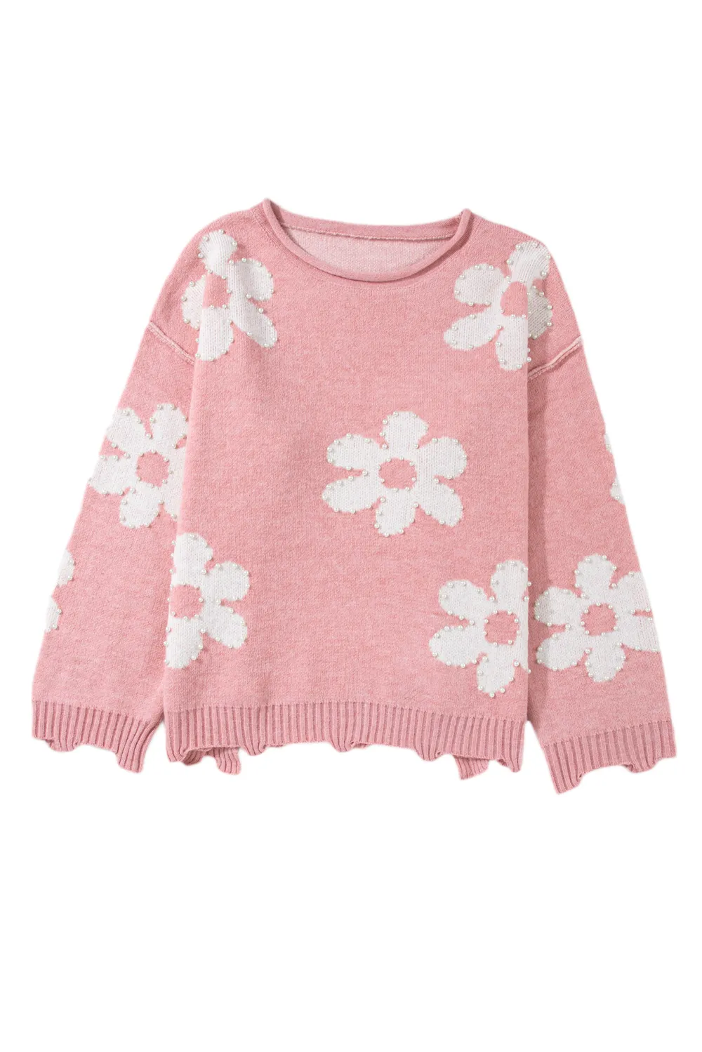 Pearl Trim Flower Round Neck Sweater, image 2
