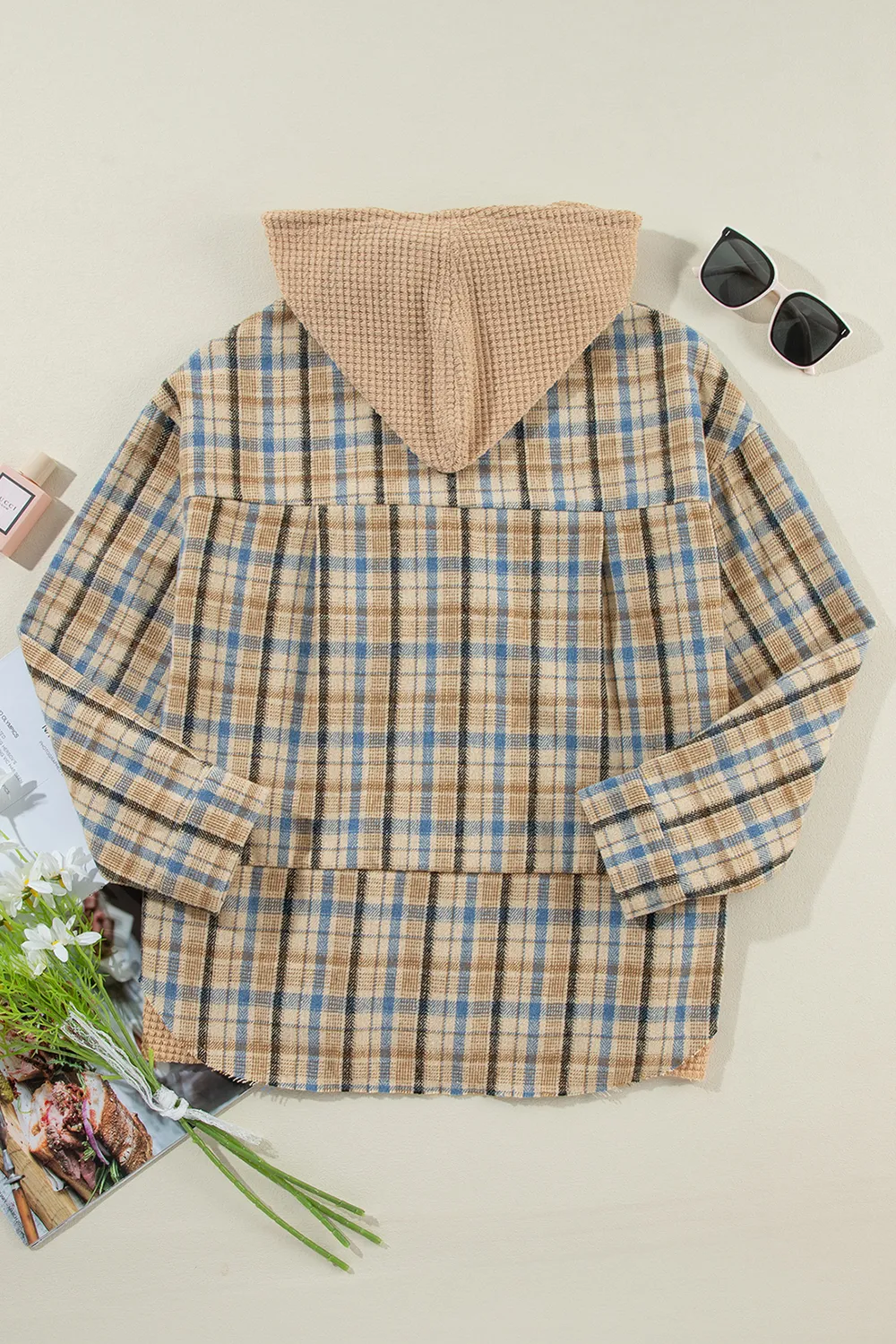 Drawstring Waffle Knit Patchwork Hooded Plaid Shacket, image 6