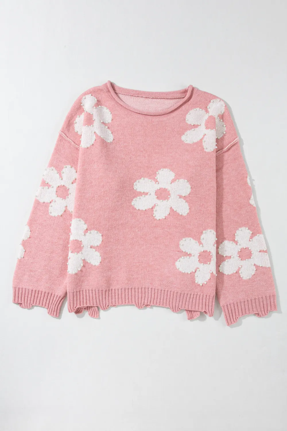Pearl Trim Flower Round Neck Sweater, image 3
