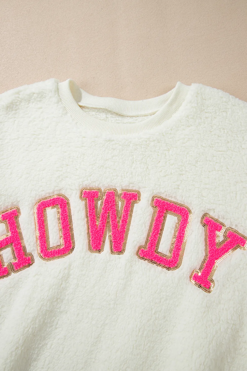 HOWDY Patched Round Neck Sherpa Sweatshirt, image 2